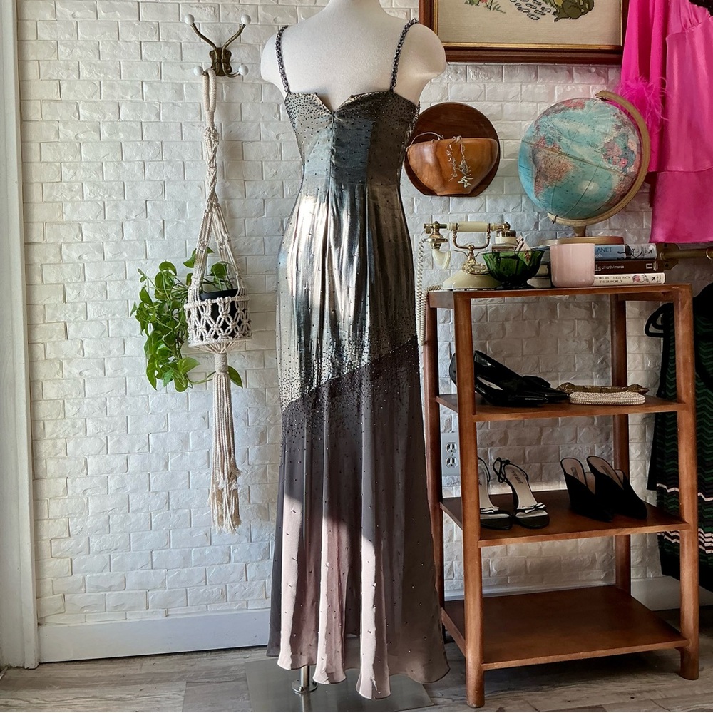 Vintage 1990s Y2K Cache Olive Satin and Chiffon Asymmetrical Hem Beaded Gown - Picture 10 of 16